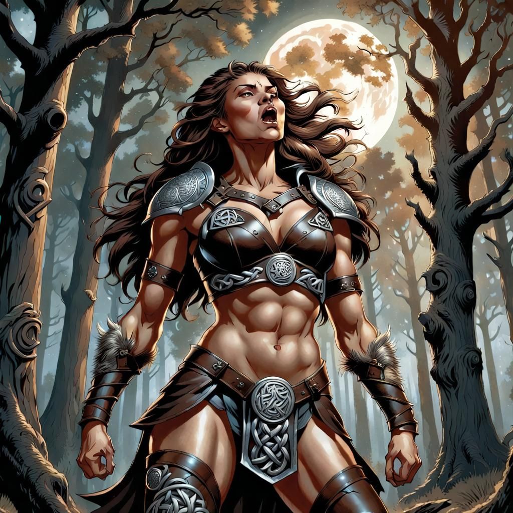 Female Werewolf Howling at Moon in Comic Book Art