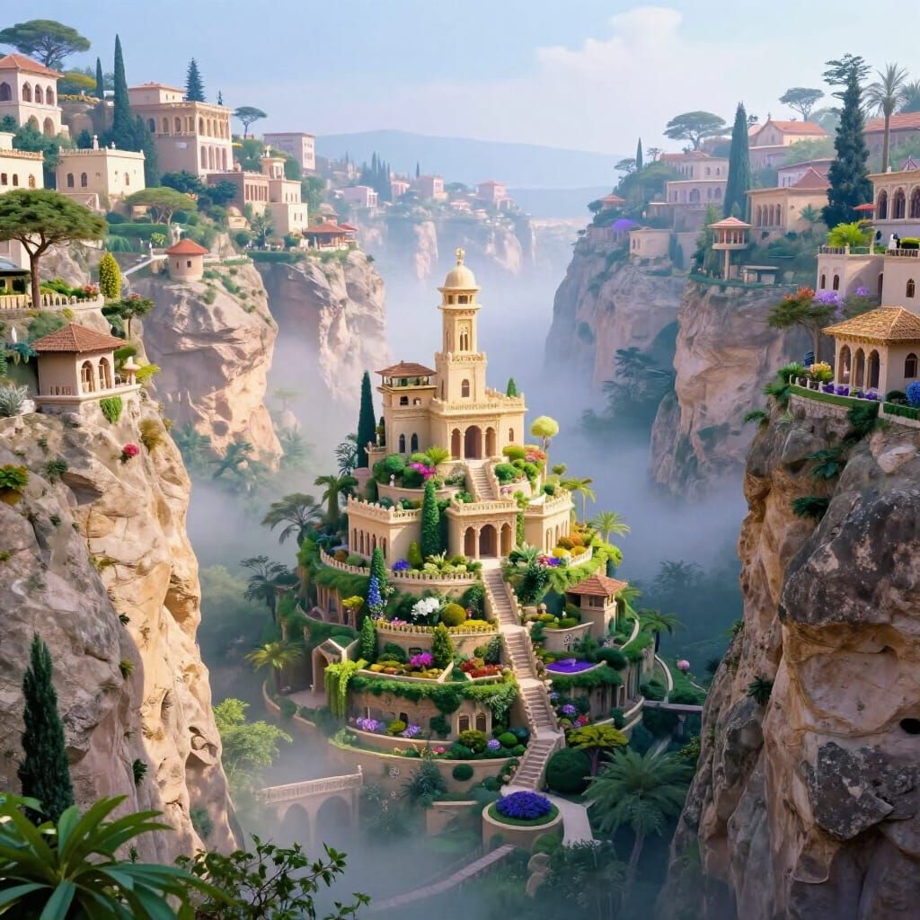 Ethereal Fantasy Ravine City with Babylonian Architecture
