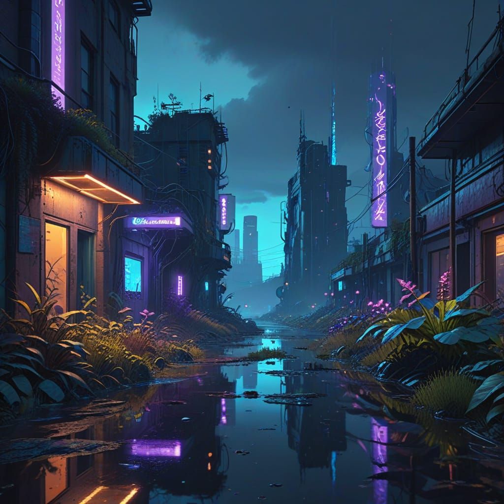 Bioluminescent Futuristic City Overgrown with Neon Flora