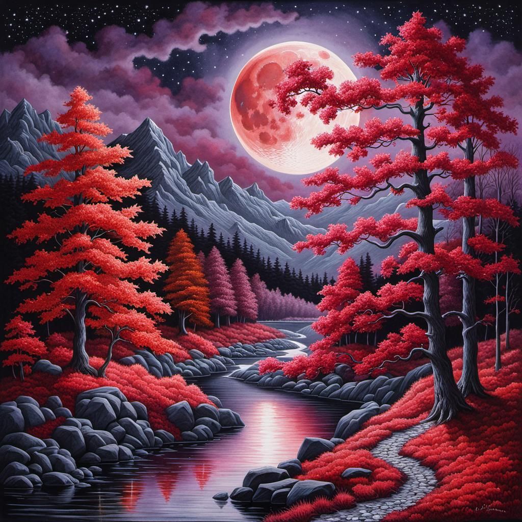 Red Maple Trees and Moon in Watercolor Style