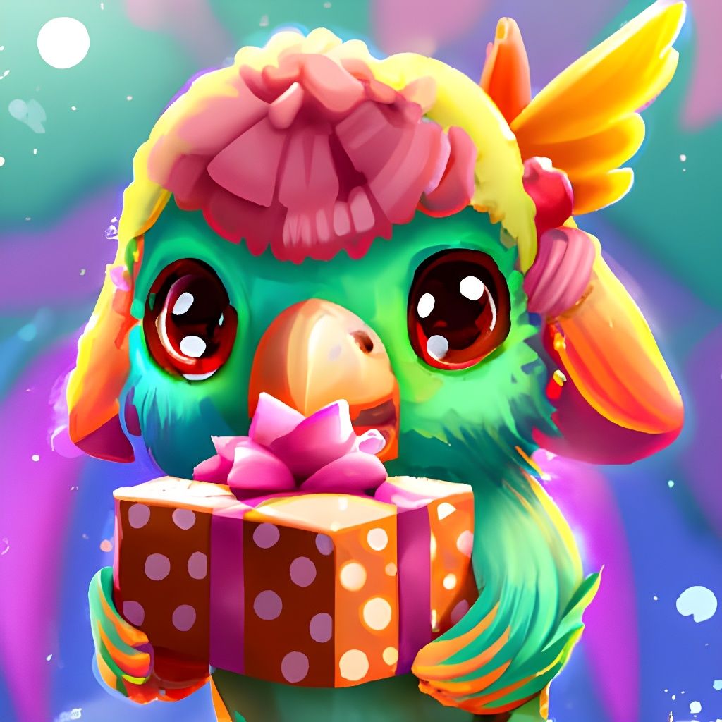 Chibi Baby Parrot with Christmas Gift Illustration