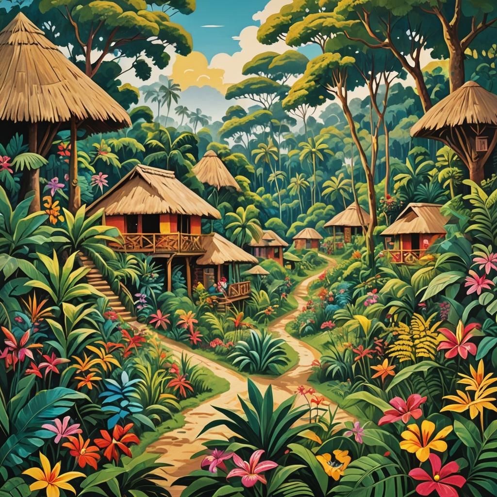 Congo Jungle Village in Naive Art Style