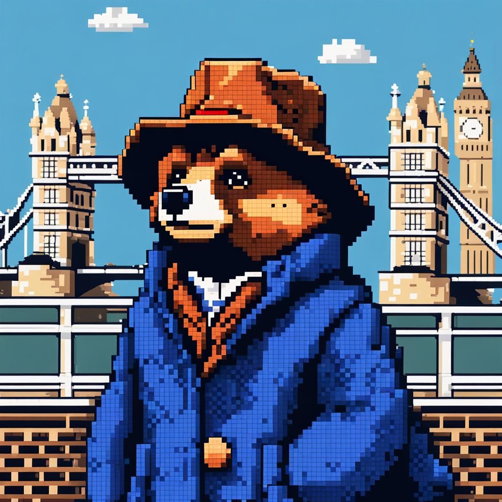 Paddington Bear Portrait in Pixel Art Style