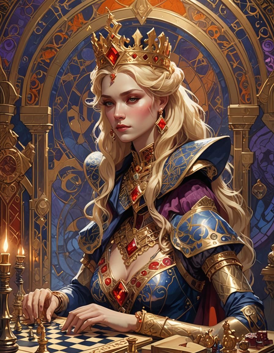 Blonde Queen Plays Chess in Art Nouveau Style