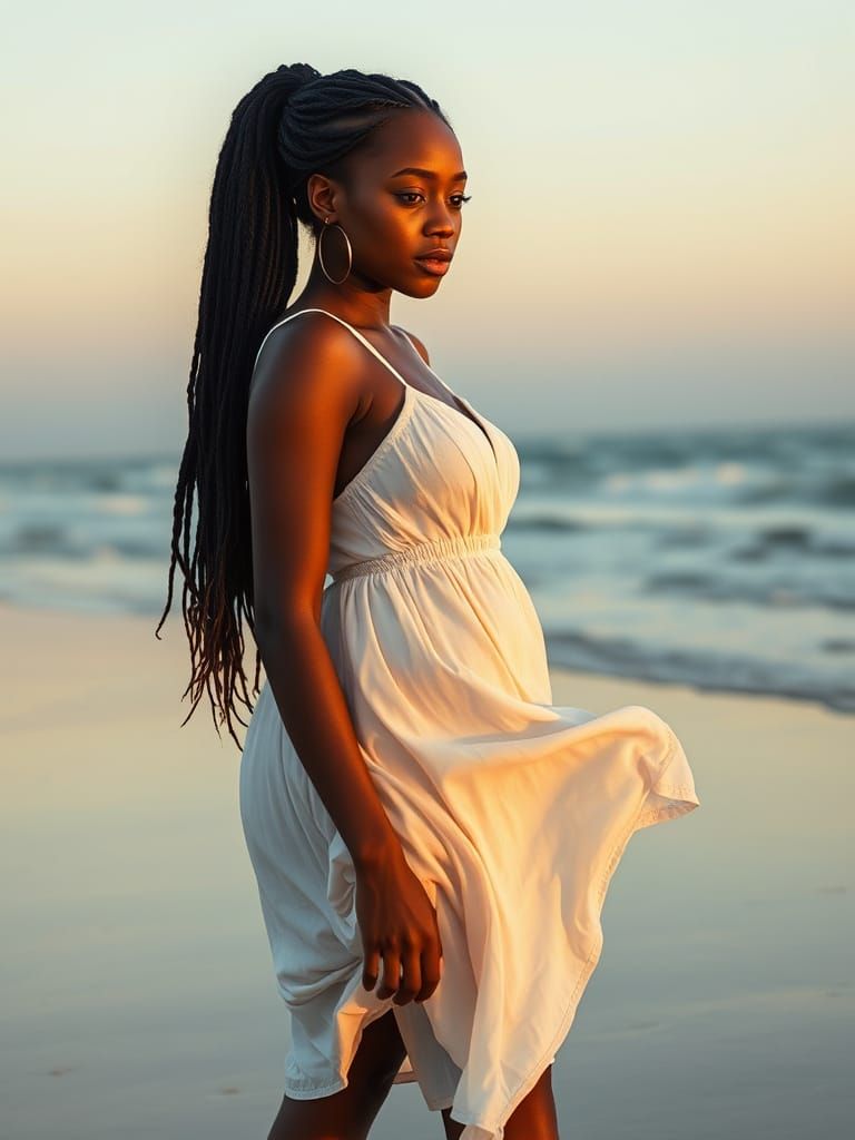 Graceful Black Woman on Beach at Dusk in Golden Hour Light