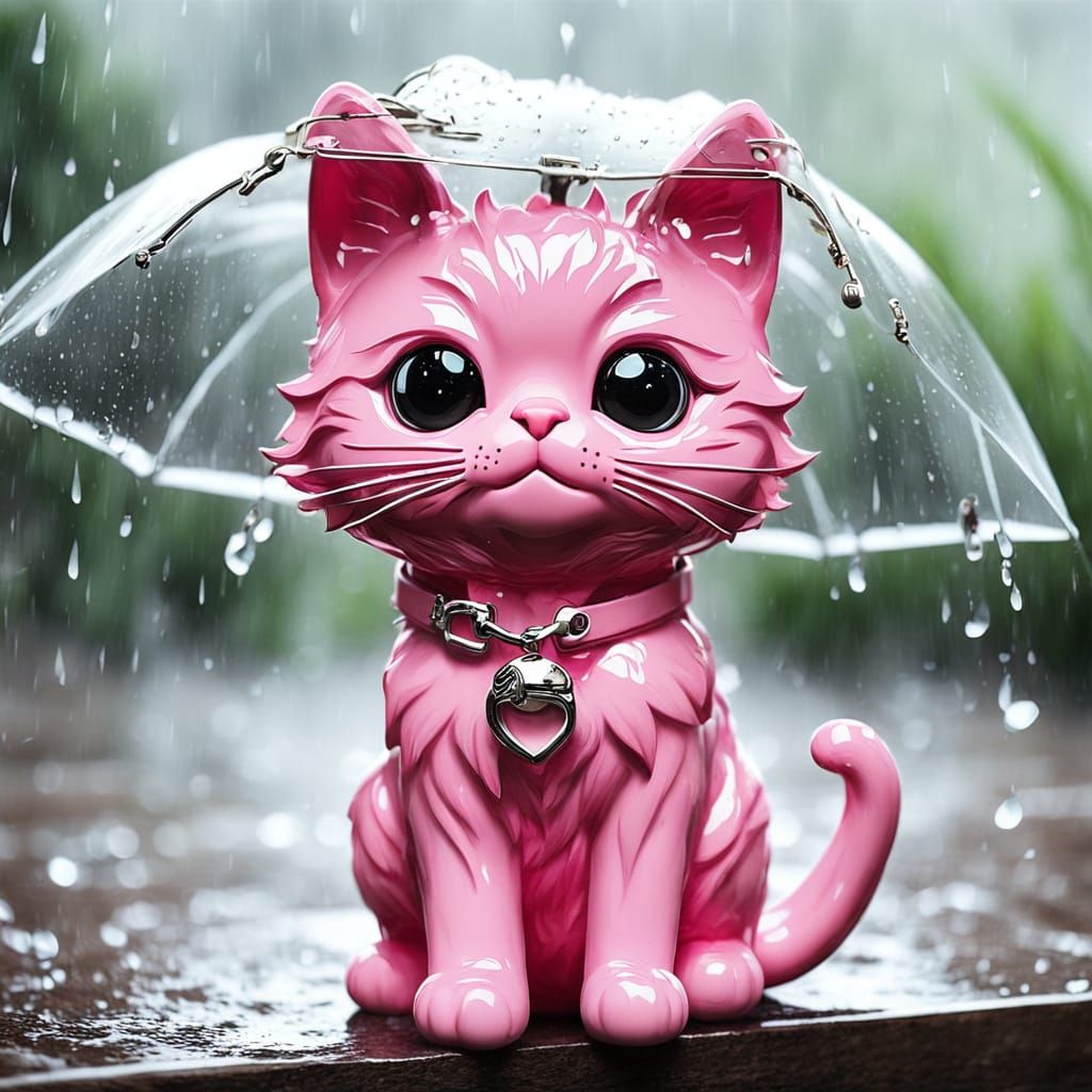 Adorable Pink Cat Enjoying Rainy Weather
