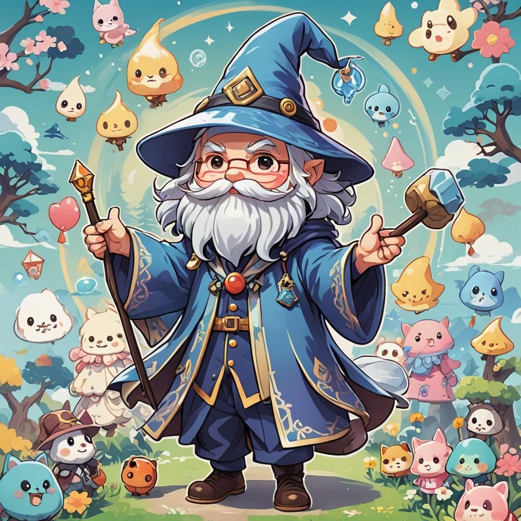 Chibi Anime Wizard Illustration in Pastel Colors
