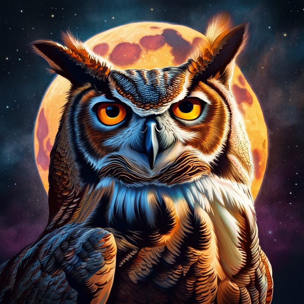 Realistic Great Horned Owl Against the Moon