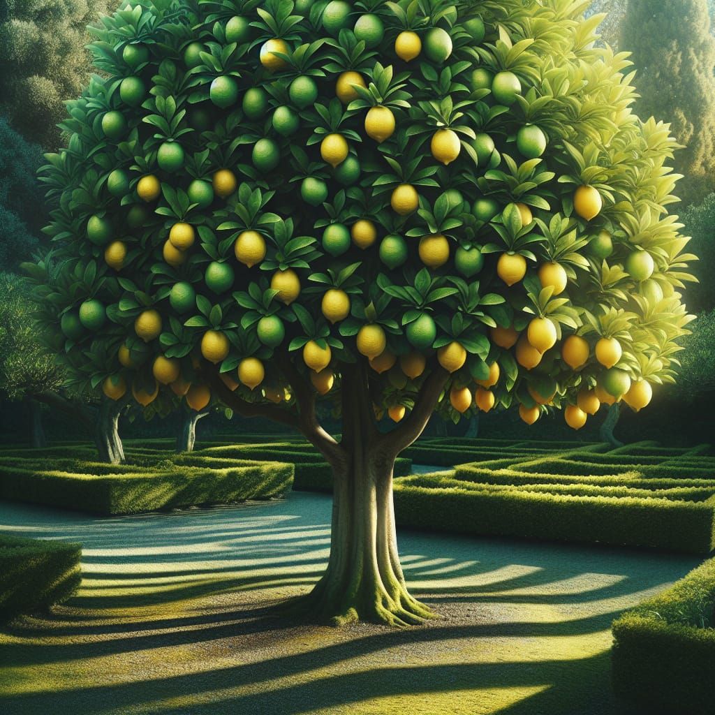 Vibrant Lemon Tree with Mint-Yellow Fruit in Sunlit Garden