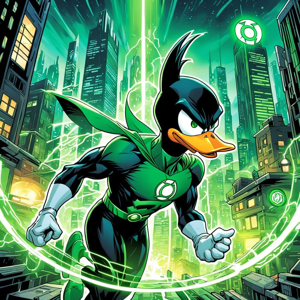Daffy Duck as Green Lantern in Comic Book Style