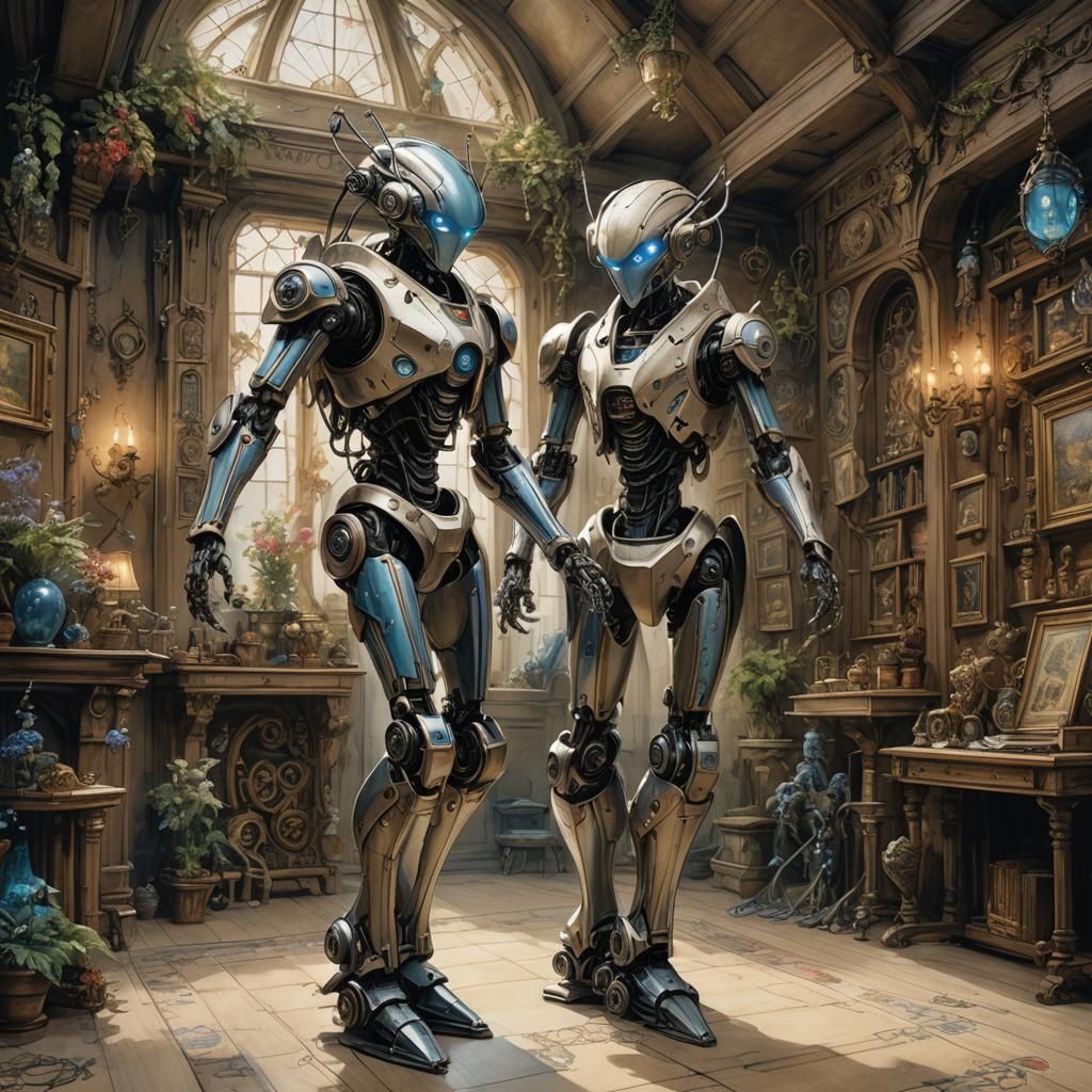 Biomechanical Robot Dancing: Delicate Ink Sketch