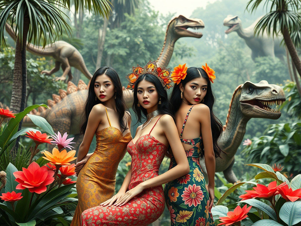 Fractal Models Pose with Dinosaurs in Jungle