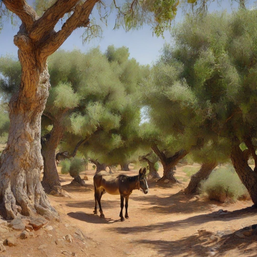 Mediterranean Olive Harvest Scene with Donkey