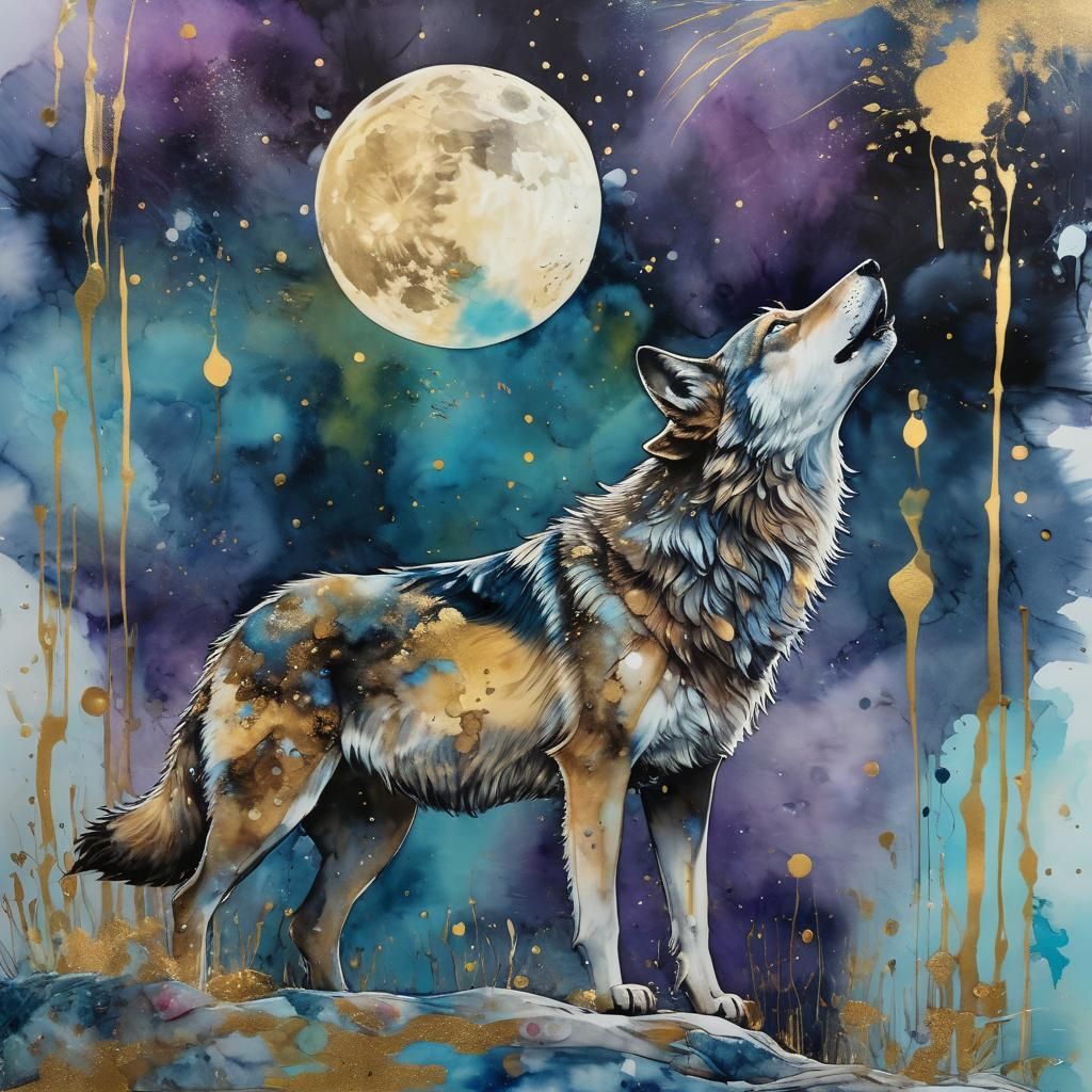 Wolf Howling at Moon in Alcohol-Ink Marbling Style