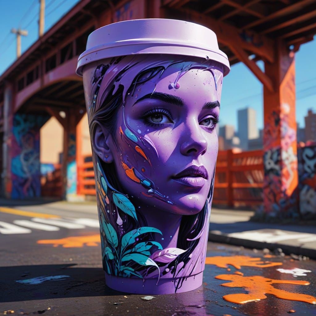 Vibrant Graffiti Bridge with Oversized Lavender Coffee Cup