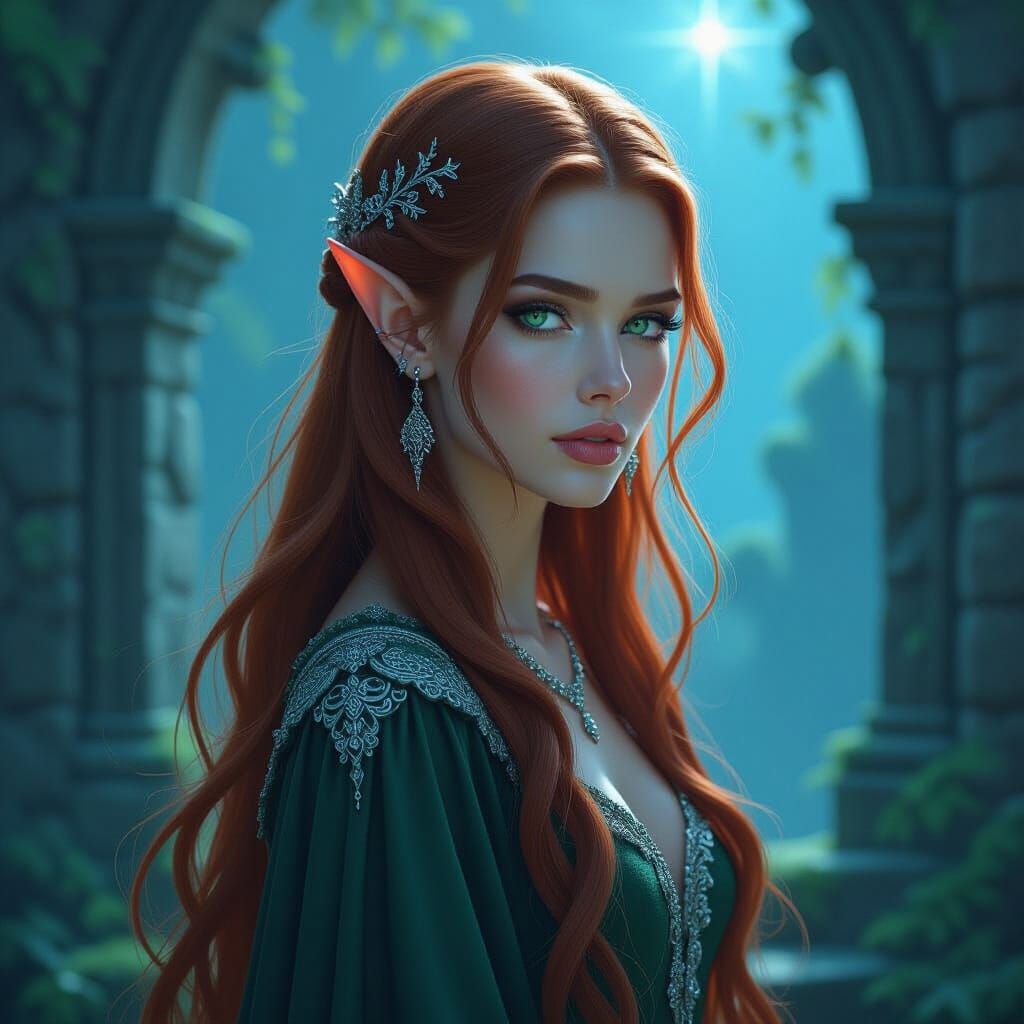 Elven Woman on Ancient Ruins in Twilight