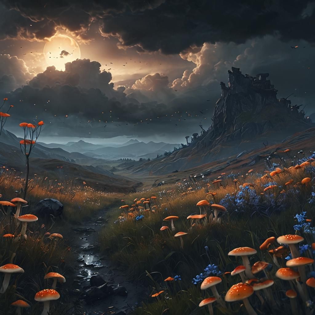Dark Fantasy Meadow with Glowing Mushrooms