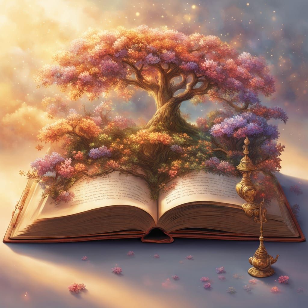 Magical Glowing Book Surrounded by Flowers