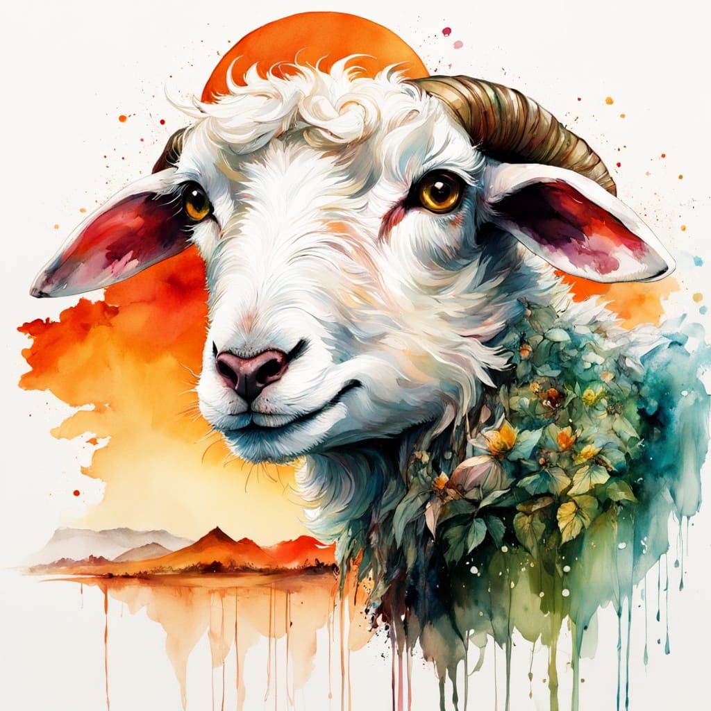 Shy Lamb in Watercolor Sci-Fi Landscape