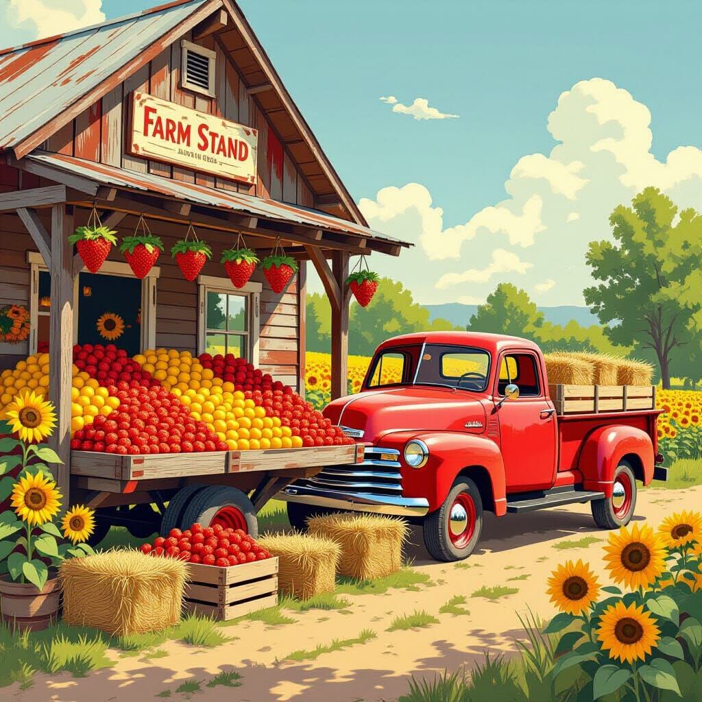 Rustic Farm Stand in Vintage Travel Poster Style