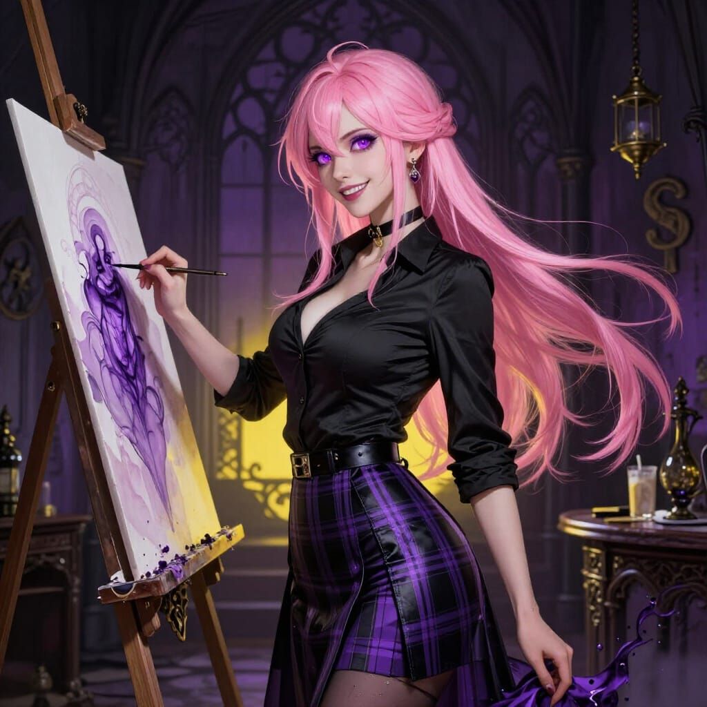 Pink Haired Woman Painting in Gothic Studio, Alcohol Ink Sty...