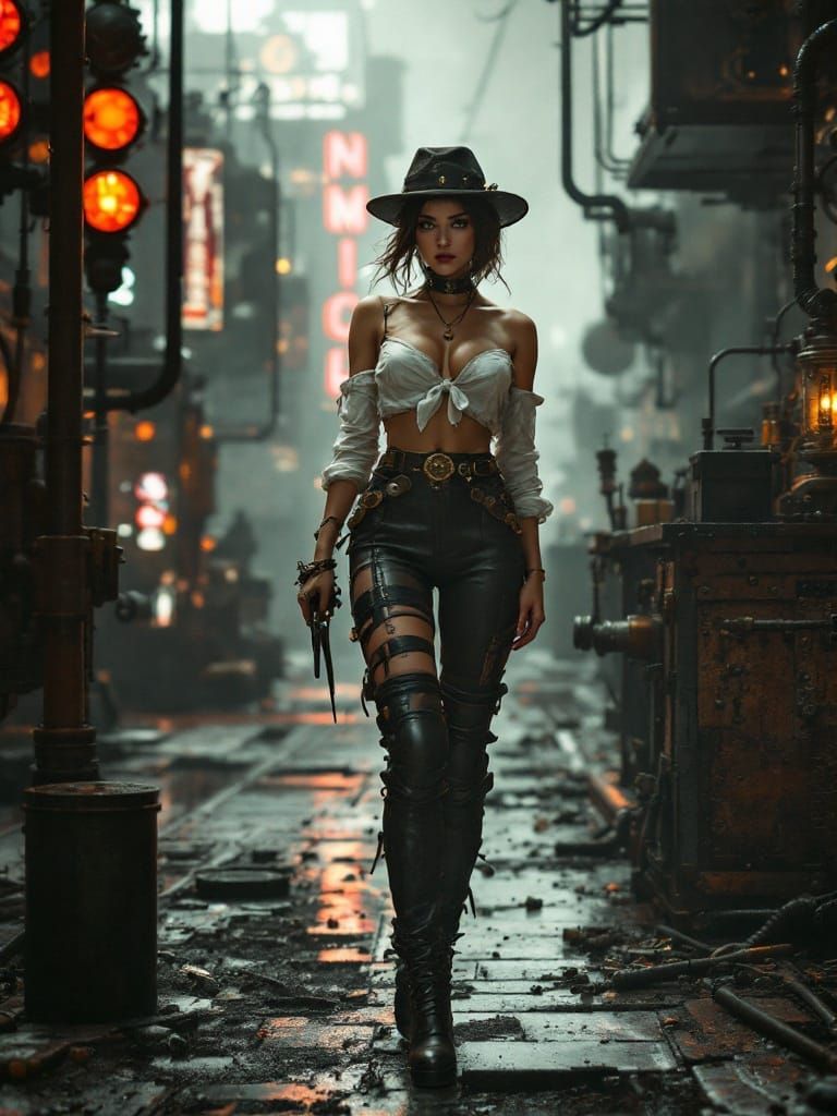 Confident 1950s Pin-Up in Steampunk Alternate History Style