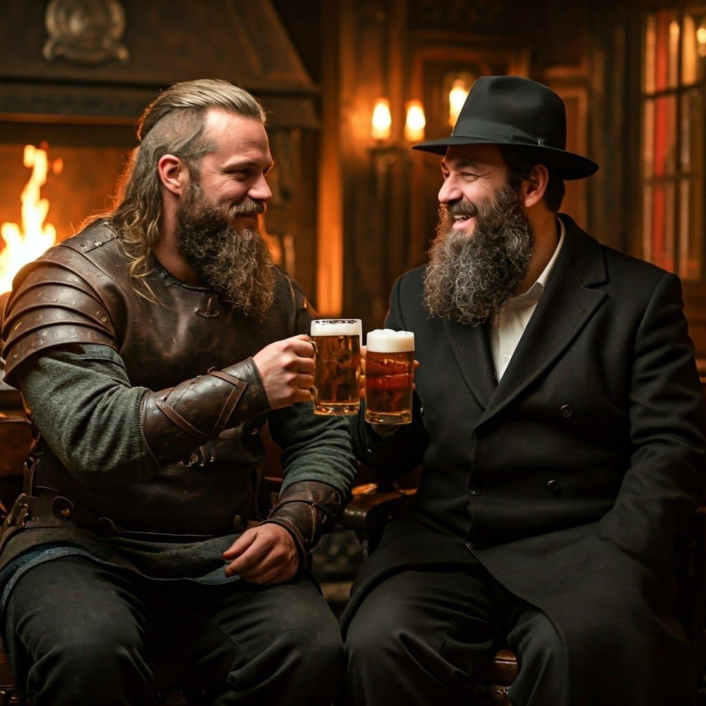Viking and Rabbi Share a Beer in Pub