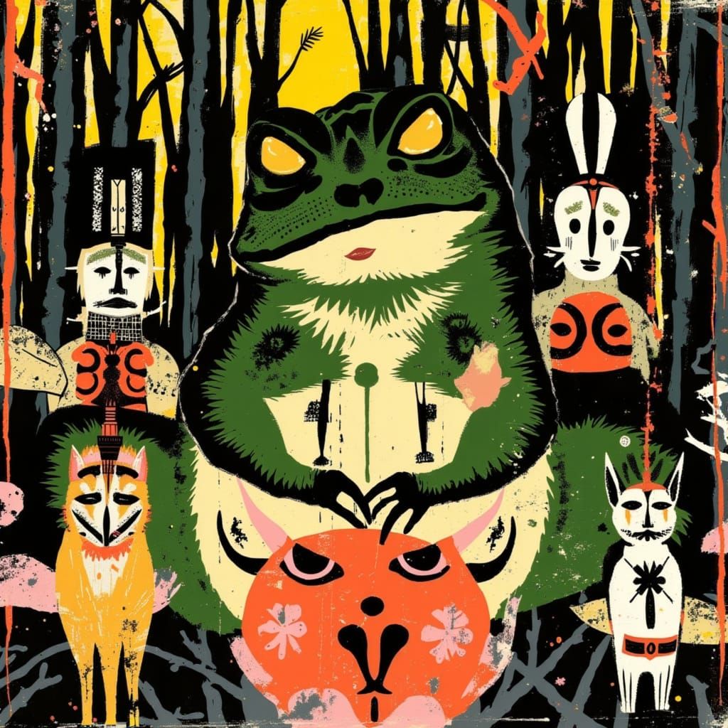 Giant Toad and Fox Bride in Forest Ceremony