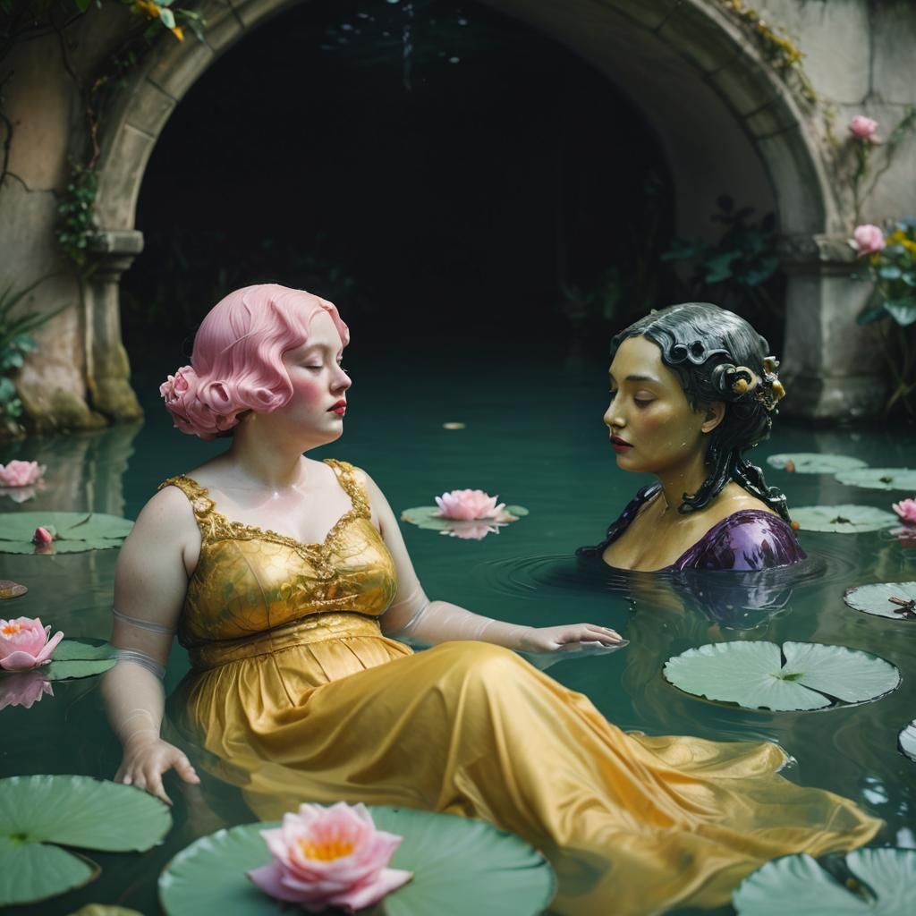 Surreal Overweight Woman in Water, Pre-Raphaelite Style