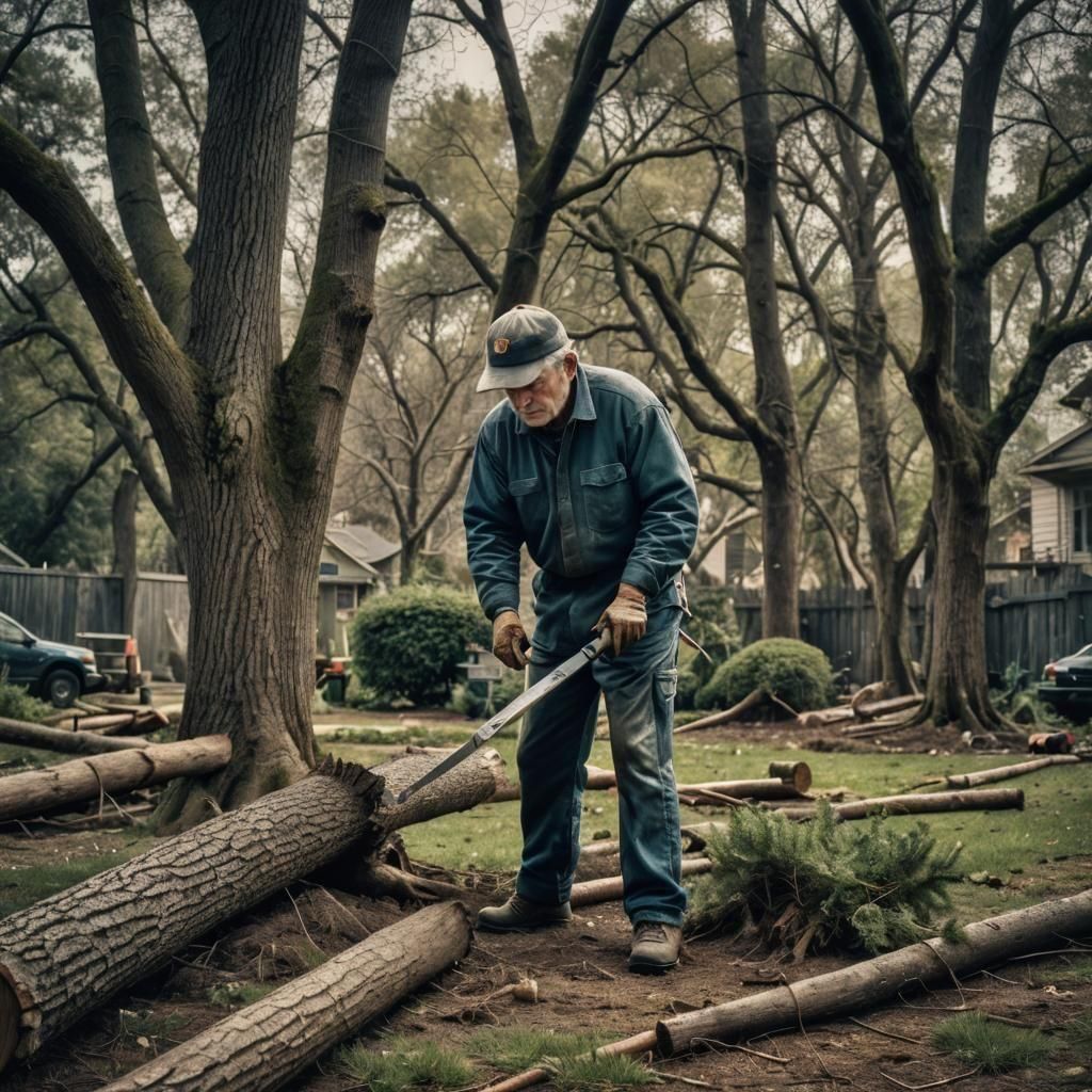 Hyperrealistic Image of an Older Man Cutting Trees