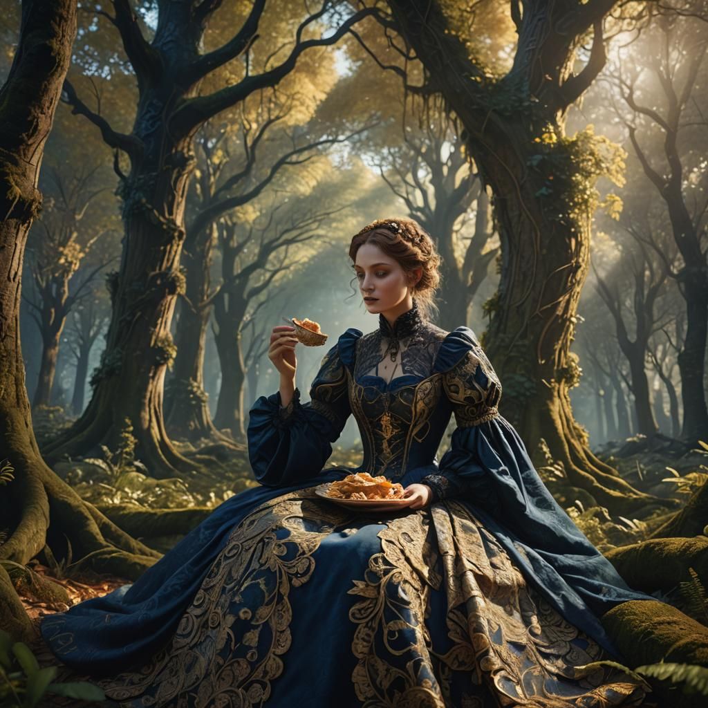Victorian Girl's Mystical Forest Lunch, Fantasy Art