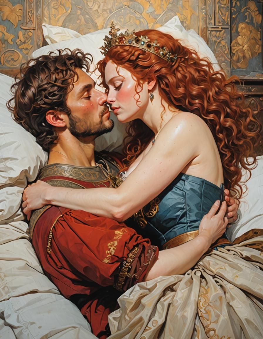 Medieval Queen Kissing Young Noble in Intricate Oil Painting