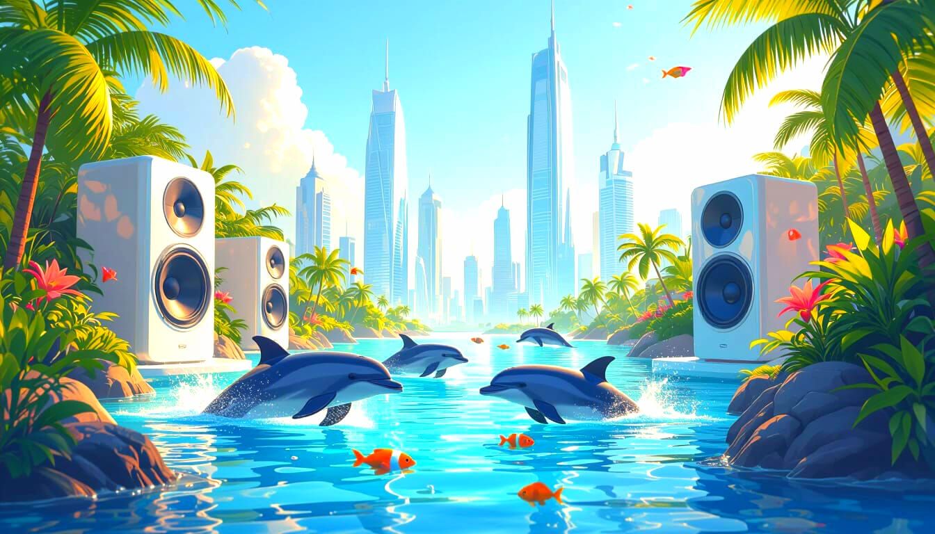 Frutiger Aero Landscape with Futuristic City and Aquatic Lif...