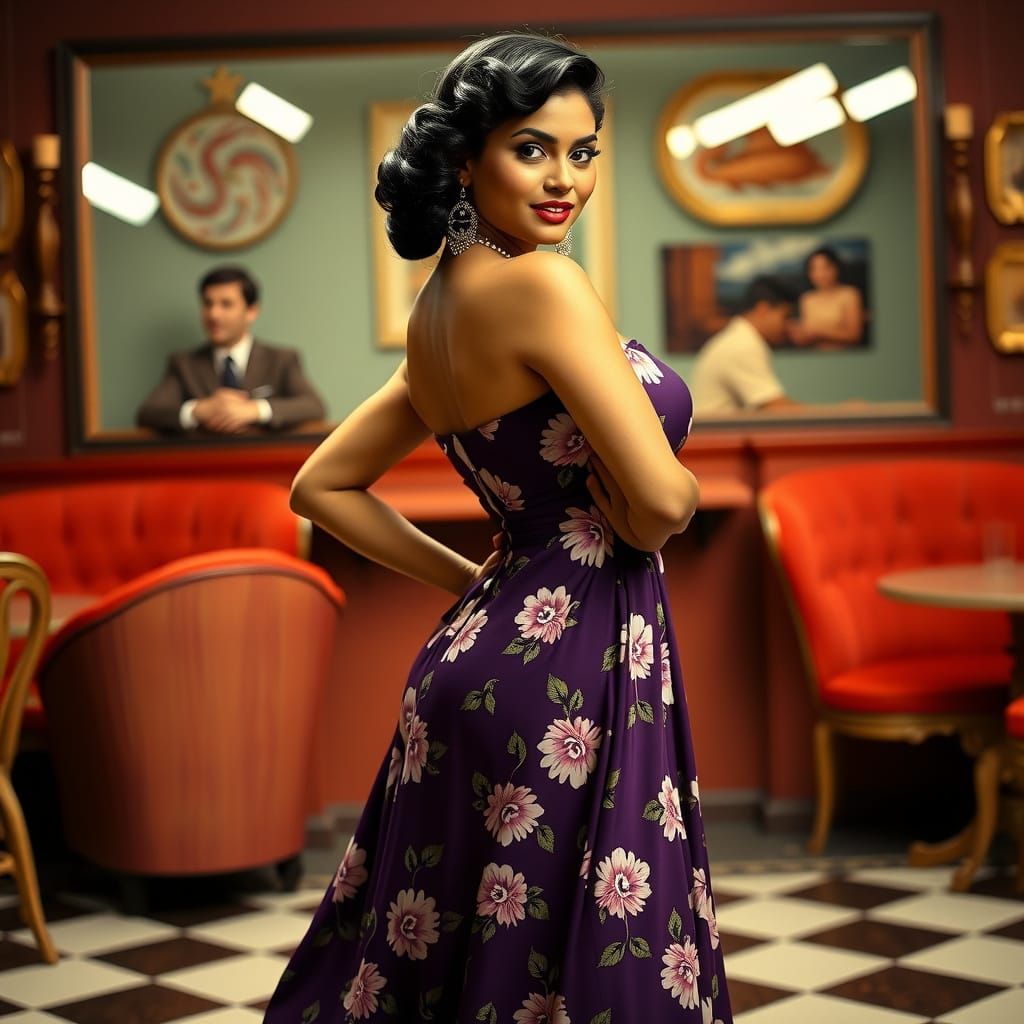Glamorous Indian Pin-Up Model in Vintage Setting