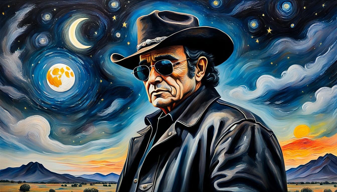Johnny Cash in Rembrandt Style with Starry Night Sky