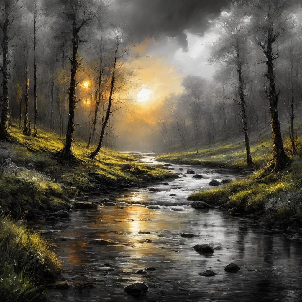 Rainy Spring Forest River: Oil Painting in Watercolor Style