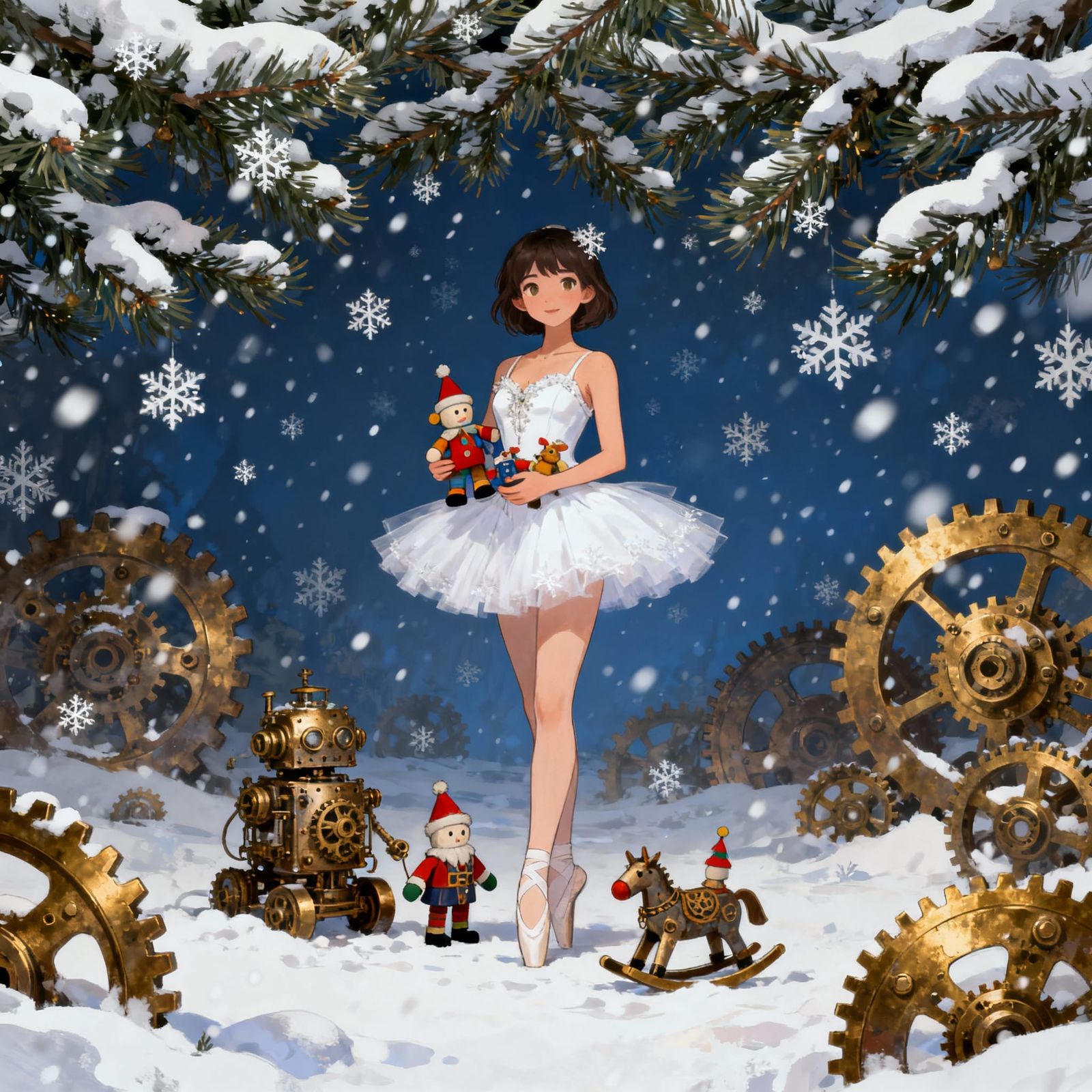 Cute Woman in Mini Dress with Steampunk Gears and Snow