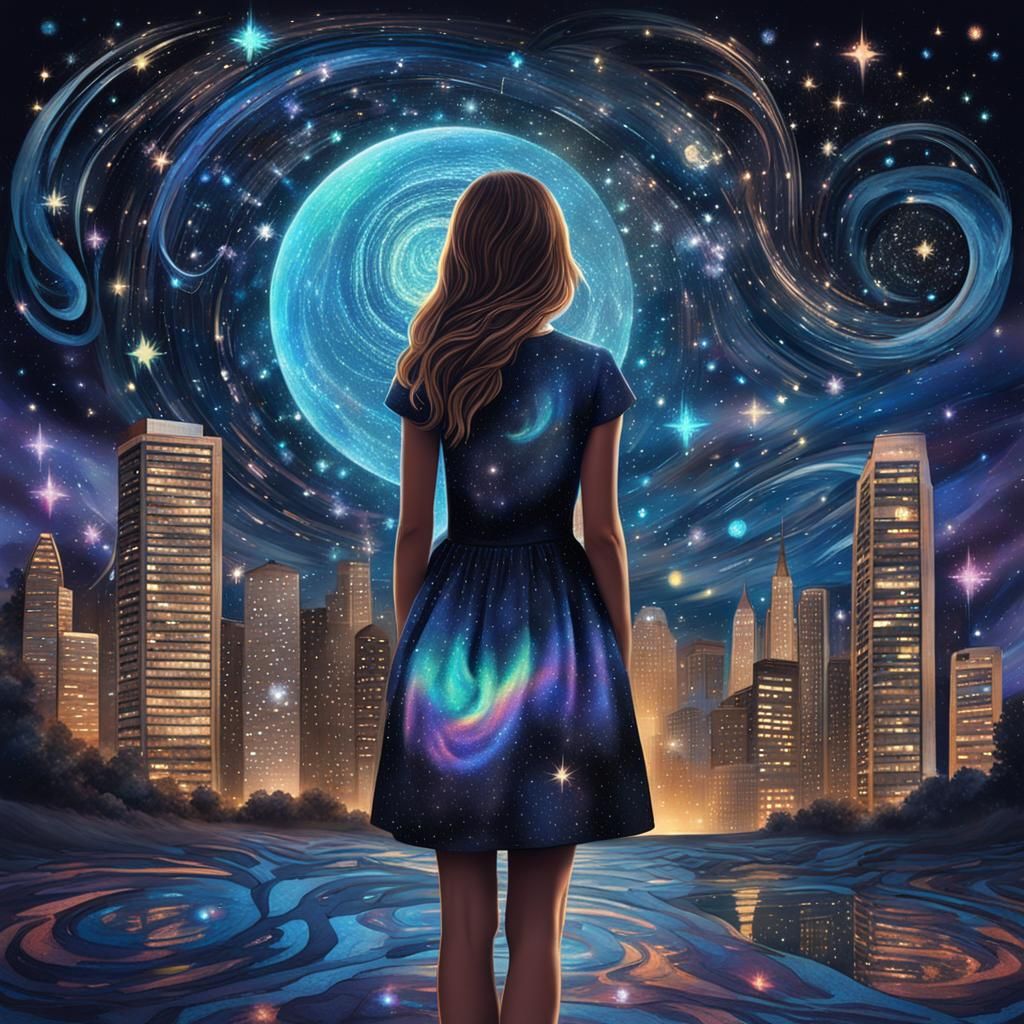 Girl Gazing at Astral Sky in Holographic Illustration