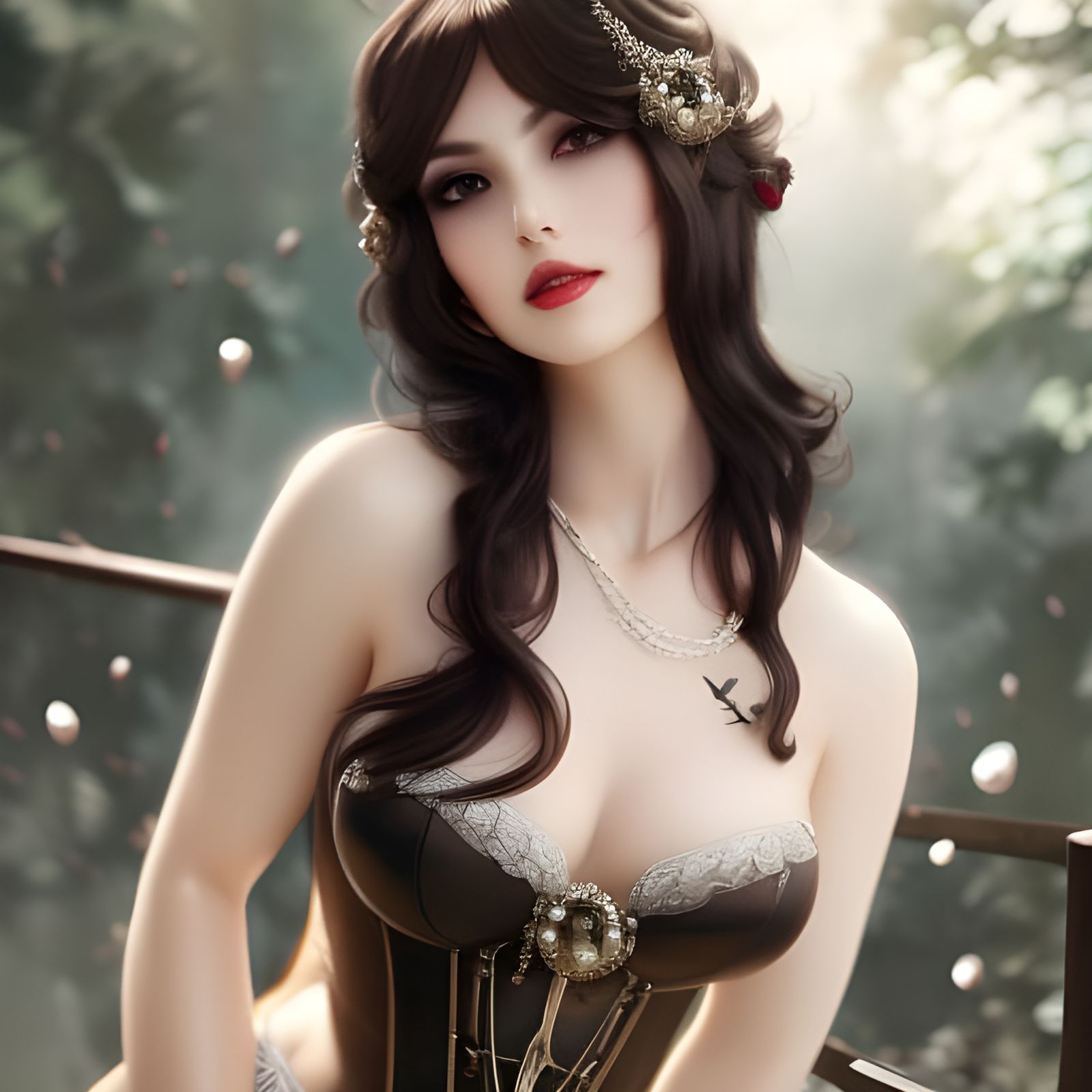 Enticing Woman with Pearl Jewelry, Photorealistic Portrait