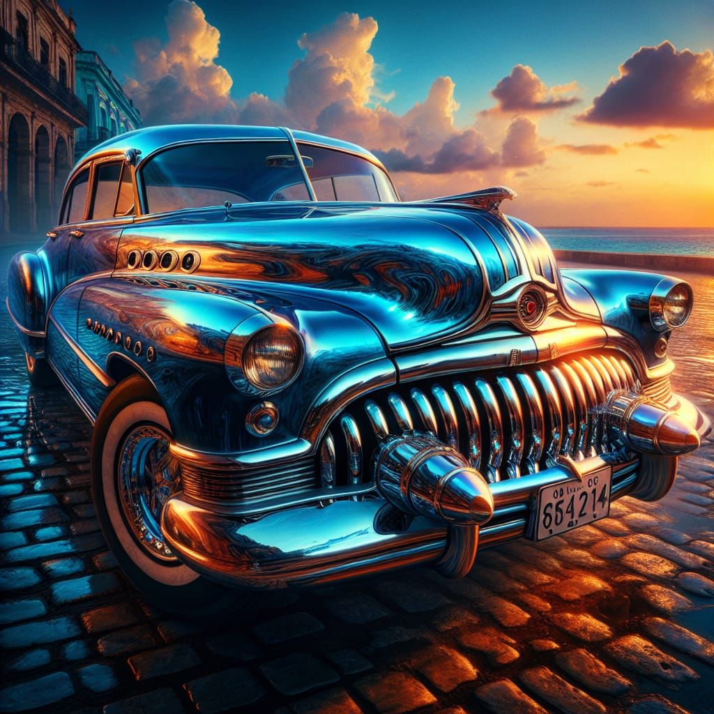 Havana Buick at Sunset: Detailed Matte Painting