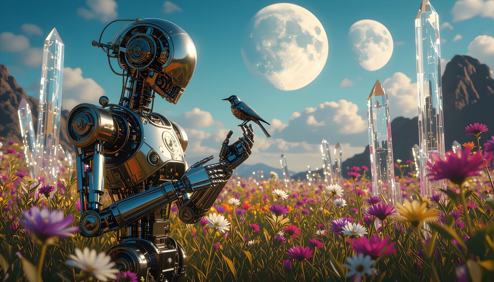 Clockwork Automaton with Mechanical Bird on Alien World