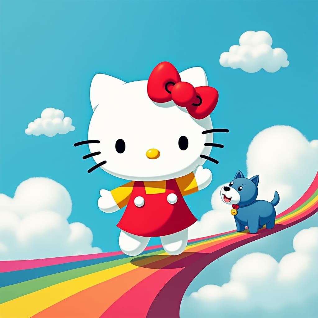 Hello Kitty and Blue Dog on Rainbow, Whimsical Art