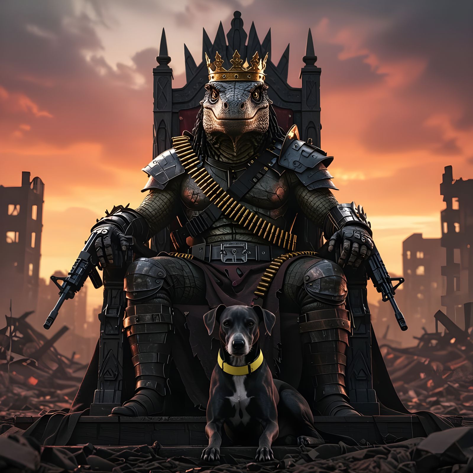 Scary Lizardman King on Throne Amidst War Scene