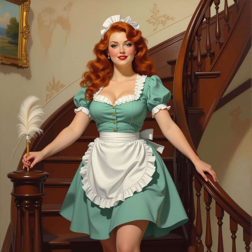 Redhead Housemaid with Feather Duster, Oil Painting