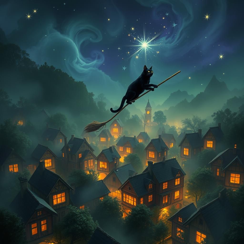 Nighttime Village Flight: Black Cat on Broomstick