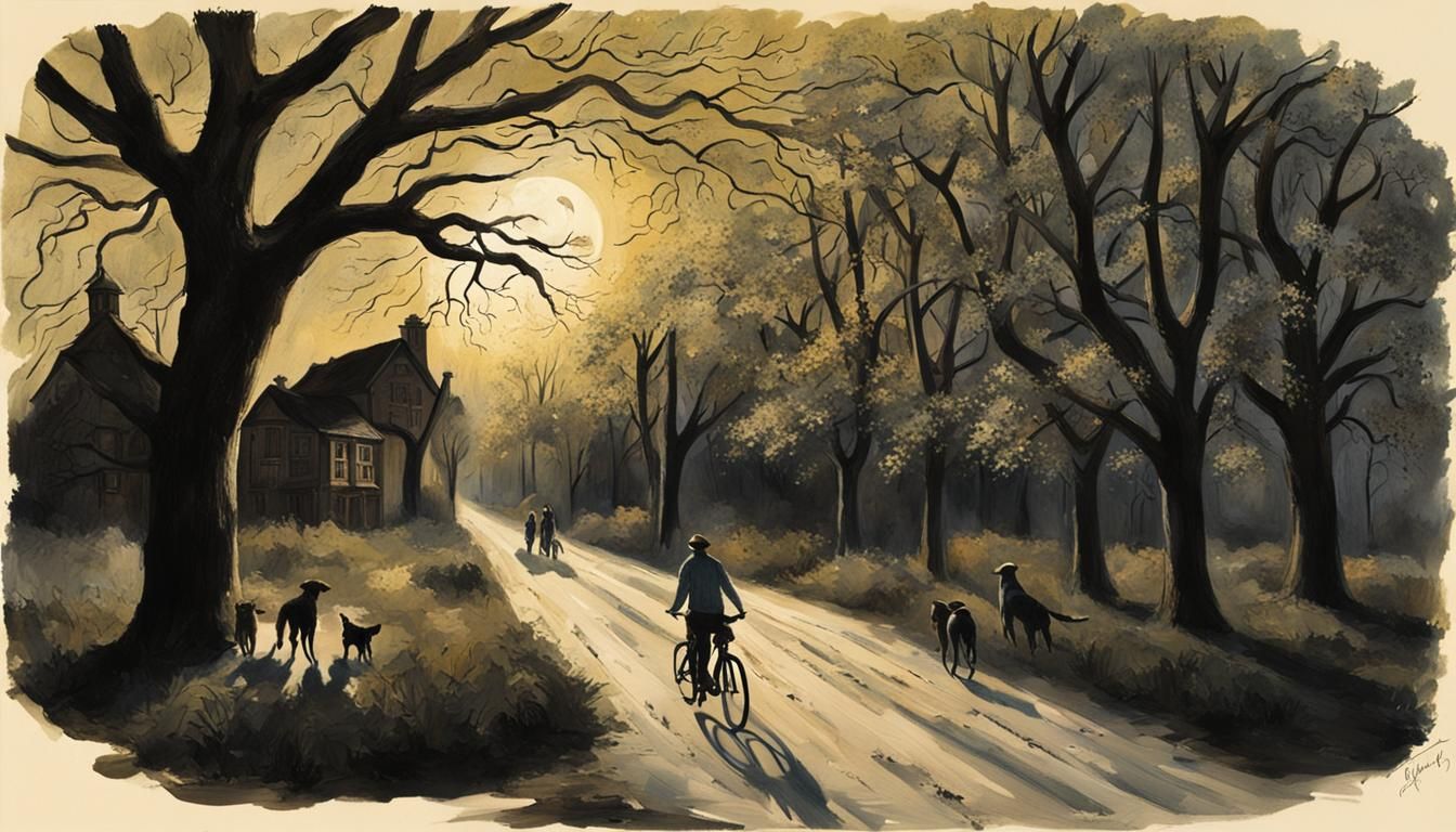 Woman Flies with Dogs Under Moonlight