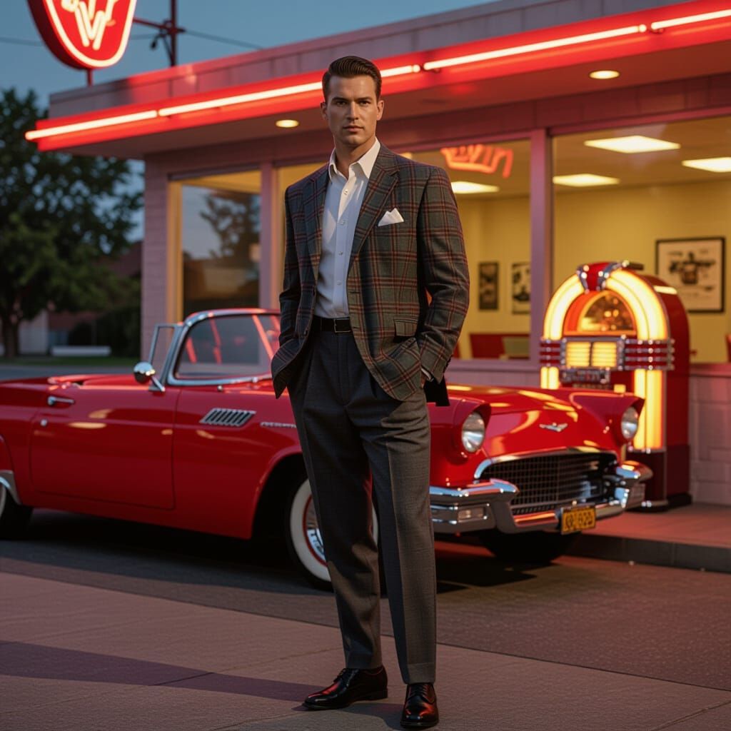 Stylish 1950s Man at Diner with Red Convertible