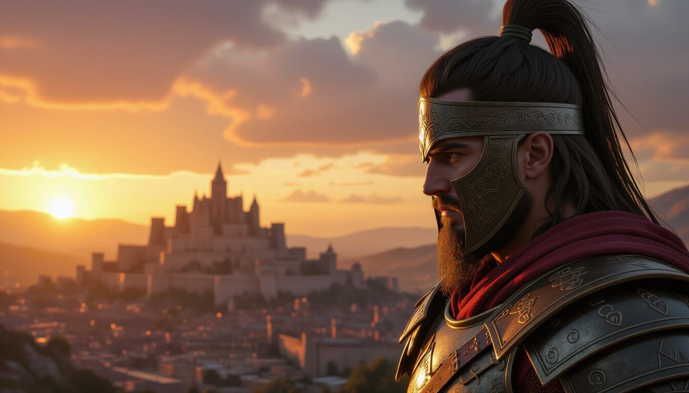 Warrior in Crimson Sunset Kingdom, Hyperrealistic Style