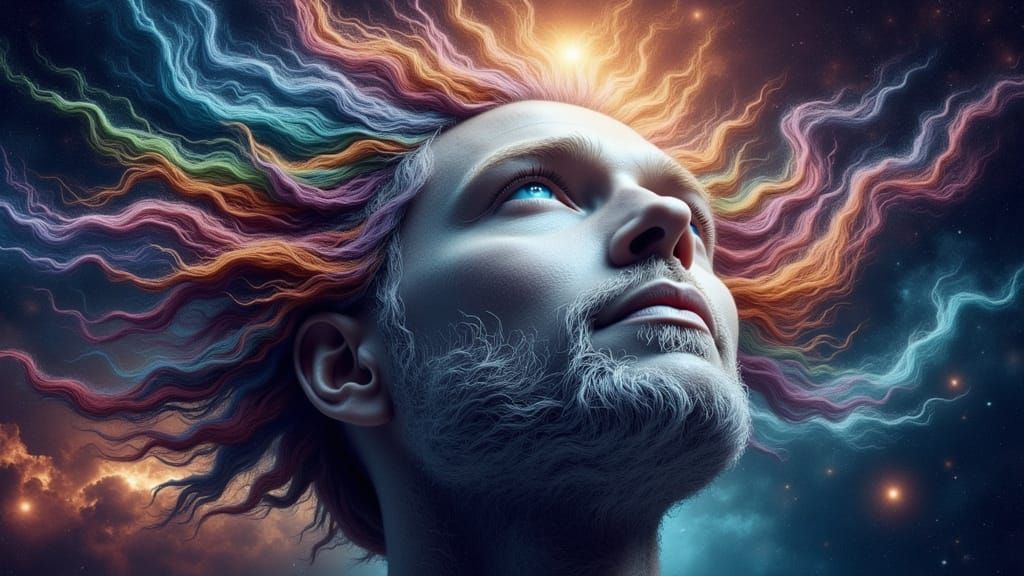 Nebula Deity with Stardust Face and Rainbow Lightning