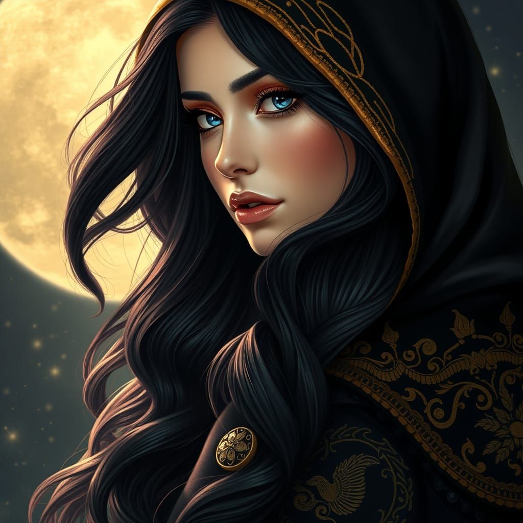 Mystical Woman with Black Hair and Golden Accents
